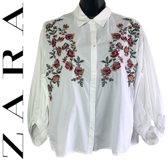 Zara White Floral Embroidered Balloon Sleeve Shirt Size M - Picture 3 of 16